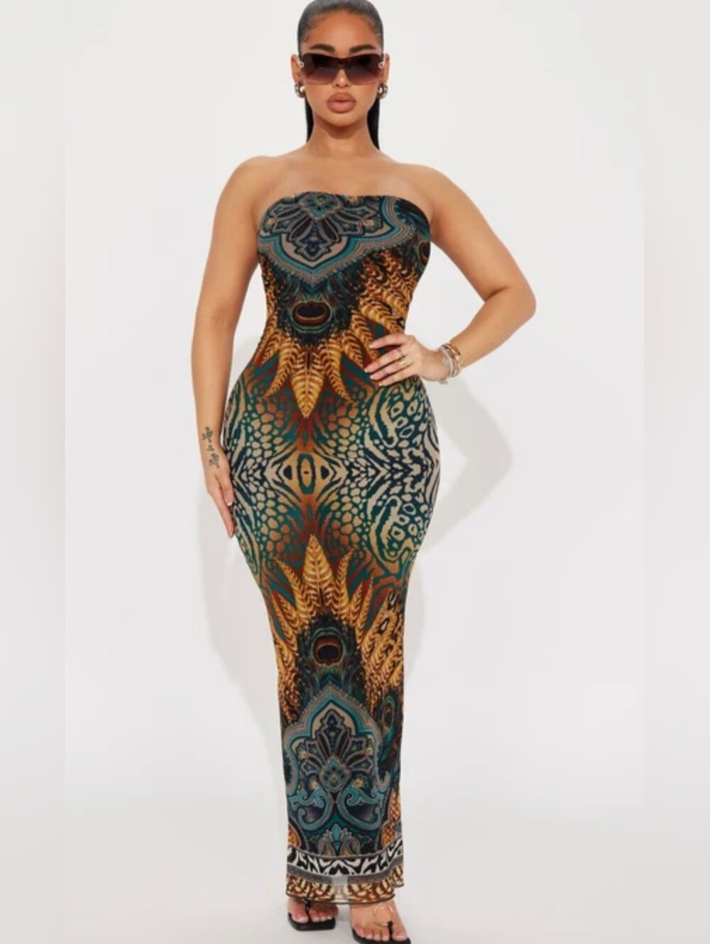 Fashion Nova Strapless Green, Brown & Teal Print Bodycon Dress